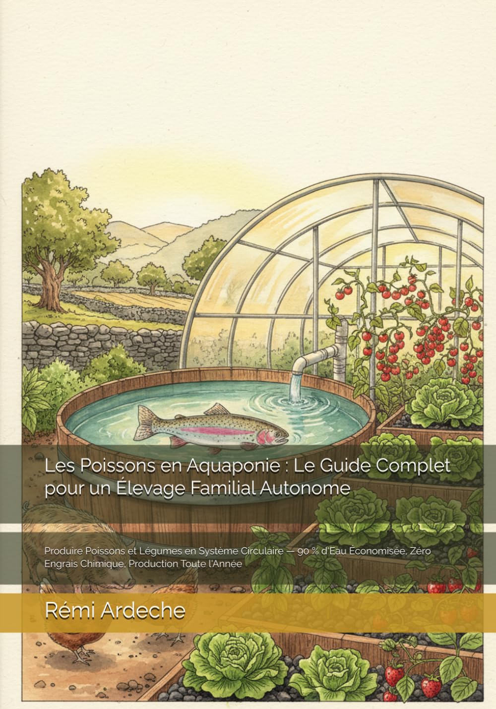 Guide Les Poissons en Aquaponie - couverture aquarelle système circulaire