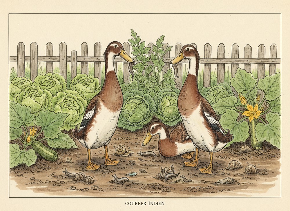 Canards coureurs indiens dans un potager bio