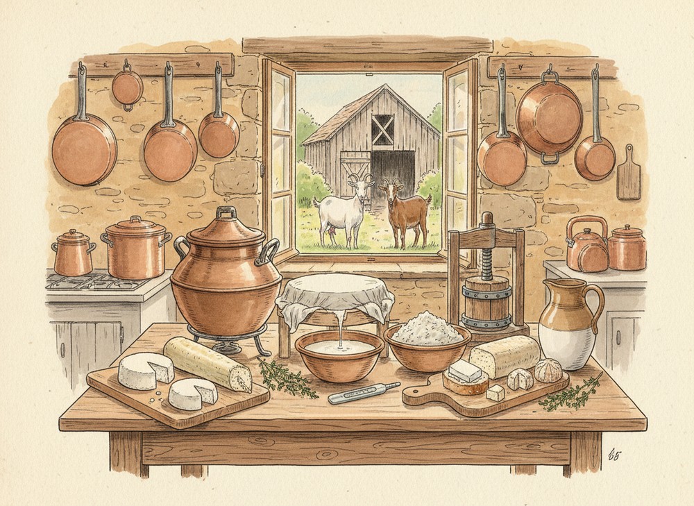 Fromage de chèvre frais fait maison sur planche en bois