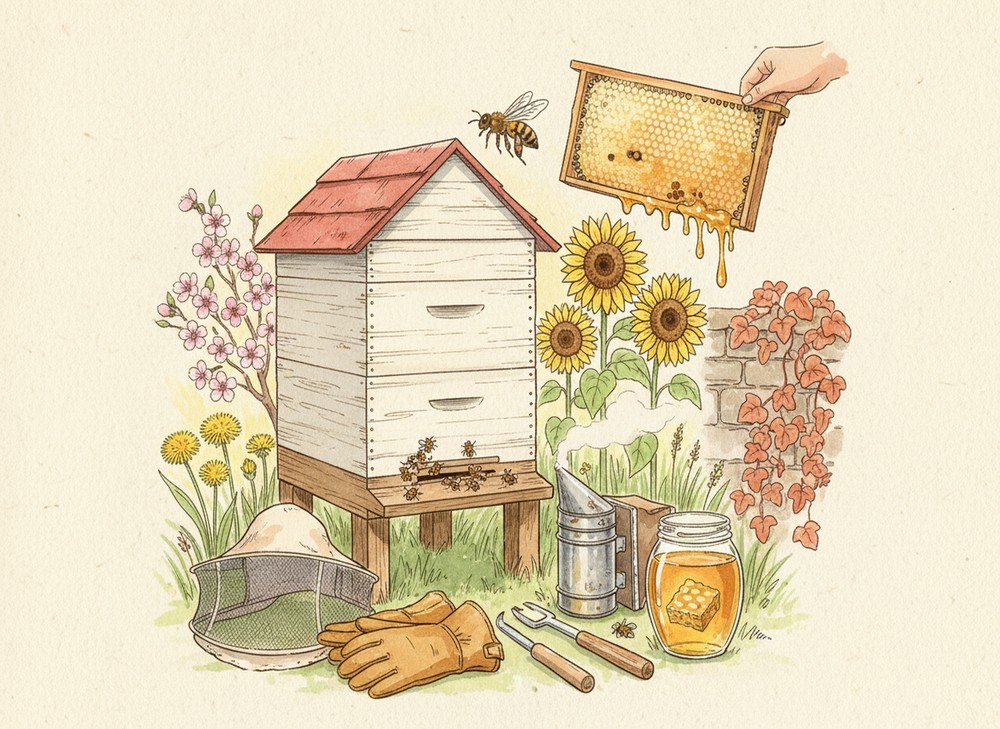 Première ruche d'abeilles avec cadres en bois au soleil